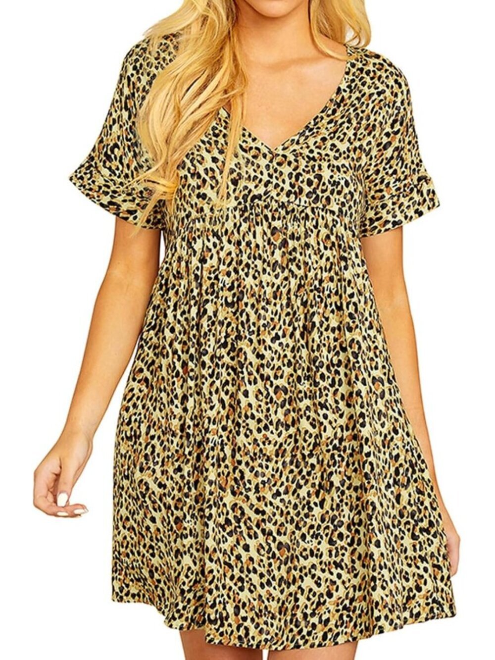 Women's Leopard Summer Tshirt Dress Casual Mini Tunic Ruched Flowy Dress